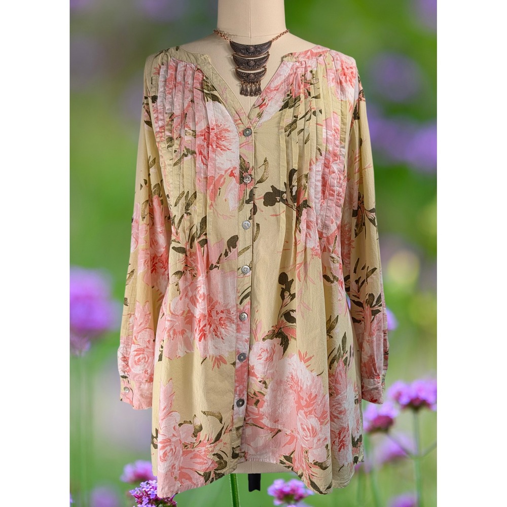Roamans 26W Floral Cotton Pintuck Tunic blouse Pink flowers Babydoll A-Line